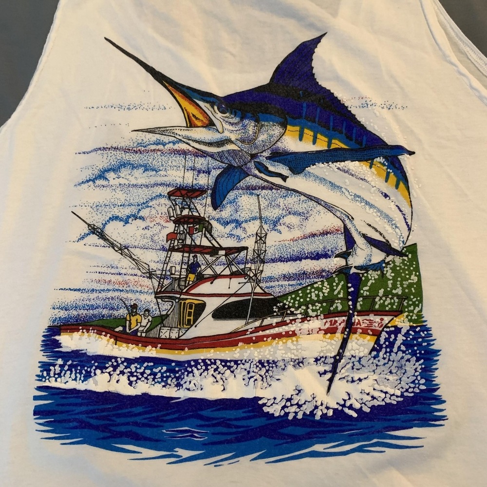 Vintage Relax Blue‎ Marlin Tank Mens XL White Cabo San Lucas Mexico Fishing Tank